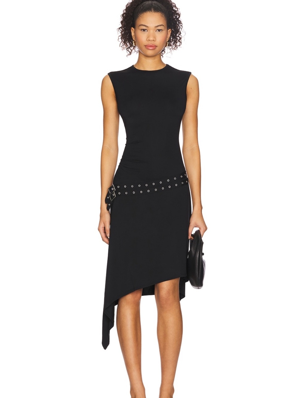 With Jean Gabriella Dress Sleeveless Asymmetric Black Dress with Grommet Belt